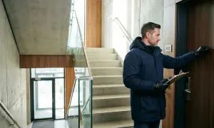 Mężczyzna w zimowej kurtce puka do drzwi mieszkania z tabliczką "402", trzymając teczkę.