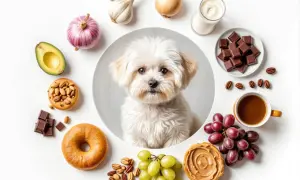 Un bichón maltés mira rodeado de alimentos prohibidos para perros: chocolate, uvas, aguacate, ajo, cebolla, café y lácteos.