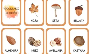 Tarjetas con vocabulario de otoño: hoja, seta, bellota, almendra, nuez, avellana y castaña.