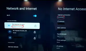 Ekran telewizora pokazuje "No Internet Access" z zaznaczonym "Limited connection". Po prawej stronie "Connected" jest również zaznaczone, co sugeruje problem z połączeniem wifi.