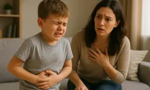 Niño con dolor abdominal y madre preocupada. El niño sufre diarreas continuas y gases, expresando su malestar.