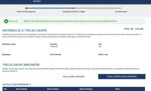 Strona pozwala na złożenie wniosku online. Widzimy dane grupy, opcje dodawania wniosków i ich status.