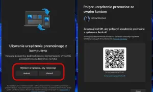 Aplikacja "Łącze z telefonem" pozwala na połączenie telefonu z komputerem. Wybierz Android lub iPhone, aby rozpocząć.