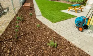 Gepflegter Garten mit frisch gemulchtem Beet, das trotz vereinzelten Unkräutern gut aussieht. Rasen mulchen ist hier die Devise.