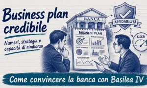 Uomini d'affari discutono un **business plan** con grafici e dati, puntando a ottenere l'affidabilità bancaria.