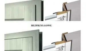 Porównanie rodzajów ościeżnic: przyłgowe i bezprzyłgowe. Widok detali montażowych drzwi.