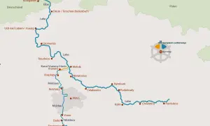 Karte zeigt den Moldau Fluss Verlauf von Prag bis zur Elbe, mit Städten wie Melnik, Litomerice und Usti nad Labem.