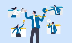 Ilustración sobre outsourcing: qué es y ejemplos. Un equipo colabora en línea, compartiendo ideas, tareas y gráficos.