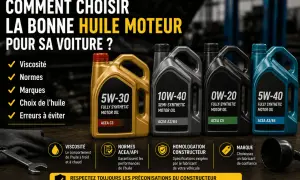 Quatre bidons d'huile moteur de différents types (5W-30, 10W-40, 0W-20, 5W-40) sont alignés. Le texte explique comment choisir le bon type d'huile moteur.