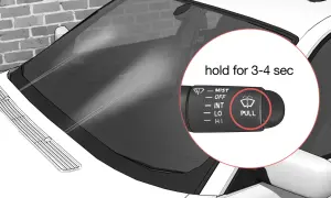 Le levier de commande des essuie-glaces de voiture montre le symbole "PULL" pour activer le lave-glace.
