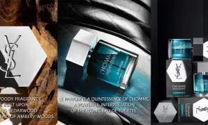 L'Homme Le Parfum: elegancki flakon perfum Yves Saint Laurent, otoczony drewnem i skórą, symbolizujący siłę i wyrafinowanie.