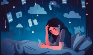 Eine Frau liegt im Bett, umgeben von schwebenden Smartphones. Sie fühlt sich überfordert, ein Zeichen für die FOMO-Bedeutung in der digitalen Welt.