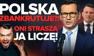 Trzech mężczyzn, jeden krzyczy, dwaj w garniturach, tekst "POLSKA ZBANKRUTUJE?!