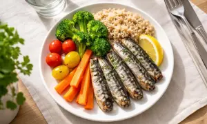 Assiette de sardines grillées avec quinoa, brocolis, tomates et carottes. Combien de sardines par personne ? Cinq.