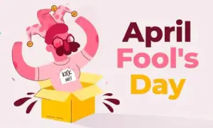 Un personaje con gorro de bufón sale de una caja amarilla, con un cartel que dice "Kick Me!". Es una ilustración de que es April Fools' Day.