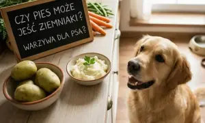 Złoty retriever patrzy na miskę puree ziemniaczanego. Tablica głosi: "Czy pies może jeść ziemniaki? Warzywa dla psa?".
