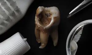 Zniszczony ząb z widocznymi czarnymi kreskami na powierzchni, obok szczoteczki, pasty i pęsety.
