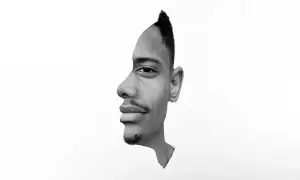 Portrait fusain d'un artiste connu, une illusion d'optique où deux visages se font face.