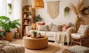 Przytulny salon boho glamour z wiklinowymi meblami, mnóstwem roślin i miękkimi tekstyliami.