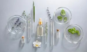 Eksperymenty z naturą: probówki, pipeta z płynem, lawenda, mięta i biała orchidea. Badania nad pha.