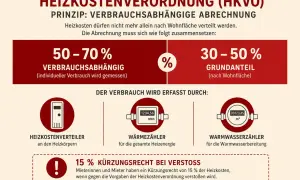 Infografik zur Heizkostenverordnung: Verbrauch wird erfasst durch Heizkostenverteiler, Wärmezähler, Warmwasserzähler. Bei Verstoß 15% Kürzungsrecht. Heizkosten doppelt so hoch wie im Vorjahr? Hier erfahren Sie mehr.