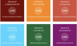 Sześć kolorowych kafelków z informacjami o oprocentowaniu obligacji skarbowych.