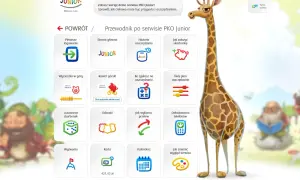 Grafika przedstawia przewodnik po serwisie PKO Junior z żyrafą i ikonami zadań.