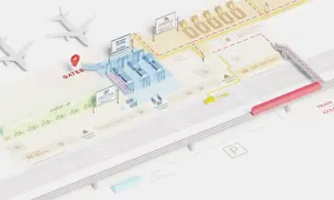 Schemat lotniska w Gdańsku: check-in, kontrola bezpieczeństwa, bramki, przyloty, parking, taxi, kolej i autobus.