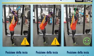 Tre posizioni della testa durante lo squat: in alto (sconsigliata), in basso (sconsigliata) e neutra (consigliata).
