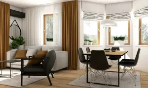 Nowoczesny salon z jadalnią. Stół w salonie inspiracje: drewniany blat, czarne krzesła, jasna kanapa, złote zasłony.