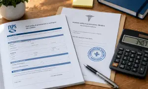 Documenti INPS per domanda di prestazioni a sostegno del reddito e verbale commissione medica, con calcolatrice che mostra 340,77. Superamento reddito invalidità civile in corso.