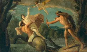 Hercule, fils de Zeus, tire une flèche sur un centaure qui enlève une femme. Un putto ailé observe la scène.