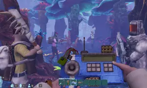 Spieler interagieren mit einem Keypad Hacker in einer fremden Welt. Die Umgebung mit ihren leuchtenden Pflanzen und Pilzen ist ein wichtiger **abiotic factor**.