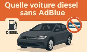 Voiture diesel grise avec un symbole "AdBlue interdit". Un logo de pompe à essence indique "Diesel".