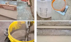 Przygotowanie masy do wyrównania schodów betonowych wewnętrznych. Mieszanie zaprawy, odmierzanie wody i nakładanie na stopnie.
