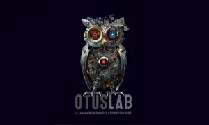 Gufo meccanico con ingranaggi e luci LED, logo di OtusLab, il laboratorio creativo del birrificio Otus.
