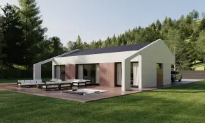 Moderna casa con cubierta a dos aguas, terraza con jacuzzi y muebles de exterior, rodeada de un jardín y un bosque.