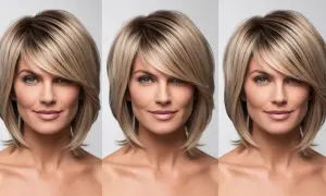 Trzy identyczne portrety kobiet z blond włosami i asymetryczną grzywką. Różne rodzaje grzywek mogą odmienić wygląd.