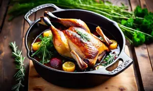 Un plat appétissant de cuisse de canard rôtie, baignant dans sa sauce, garni de citrons, d'oignons rouges et d'herbes fraîches.