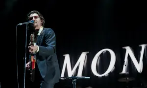 Alex Turner w okularach przeciwsłonecznych śpiewa i gra na gitarze podczas jednego z koncertów Arctic Monkeys.