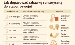 Tabela z propozycjami zabaw sensorycznych dla dzieci w różnym wieku: od gryzaków dla niemowląt po zestawy SI dla starszaków.