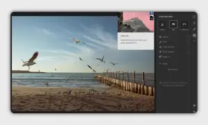Edycja nieba w Lightroom free. Zdjęcie plaży z mewami i drewnianym molo.