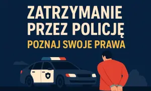 Zatrzymanie przez policję. Mężczyzna w kajdankach stoi przed radiowozem. Poznaj swoje prawa.