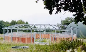 Nowa karuzela dla koni, z drewnianymi ściankami i metalową konstrukcją, czeka na swoich jeźdźców i rumaki.