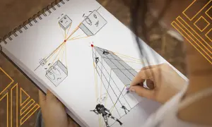 Une main dessine des cubes expressifs et une pyramide dans un carnet, explorant une **idée photo perspective** avec des lignes de fuite.