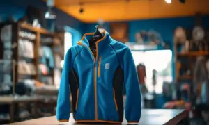 Niebieski polar z pomarańczowymi zamkami, wykonany z miękkiego materiału, idealny na chłodne dni.