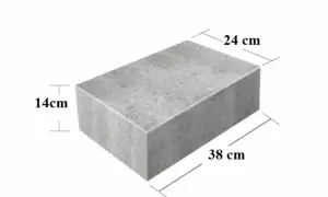 Szary bloczek betonowy z widocznymi wymiarami: 38 cm długości, 24 cm szerokości i 14 cm wysokości.