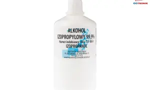 Biała butelka z etykietą zawierającą alkohol izopropylowy 99,9% (izopropanol) do czyszczenia elektroniki.
