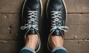Ciemne, sznurowane buty na drewnianej podłodze. Wyglądają na **za ciasne buty**, co pewnie powoduje **ból palców**.