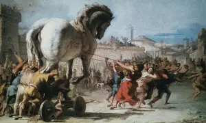 Wojna trojańska streszczenie: Grecy wciągają do miasta drewnianego konia, nieświadomi podstępu.